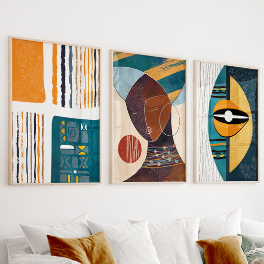 Colorful African American art set of 3 prints – black woman portrait gallery wall set, modern abstract bright ethnic above bed decor