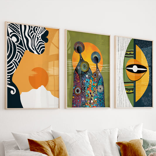 Bright abstract African art set of 3, tribal black woman prints for vibrant wall decor