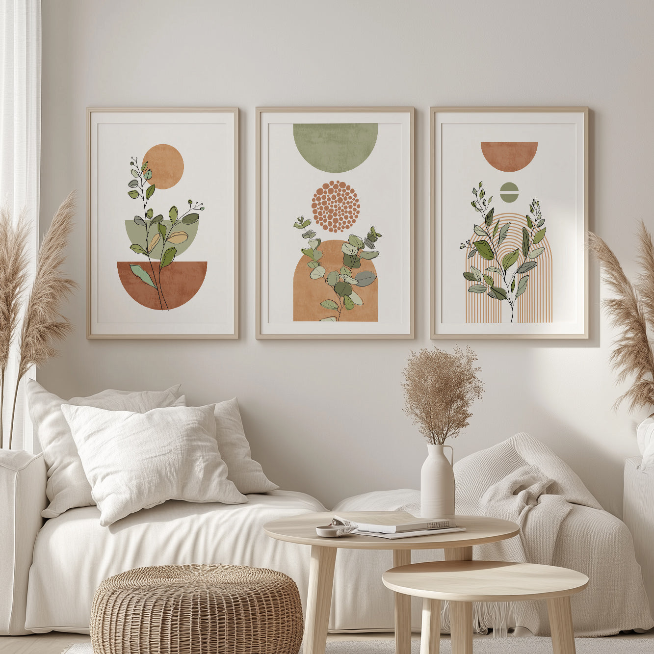 Terracotta green boho gallery wall set of 3. Mid century modern neutral wall art poster. Bohemian livingroom, above bed large prints