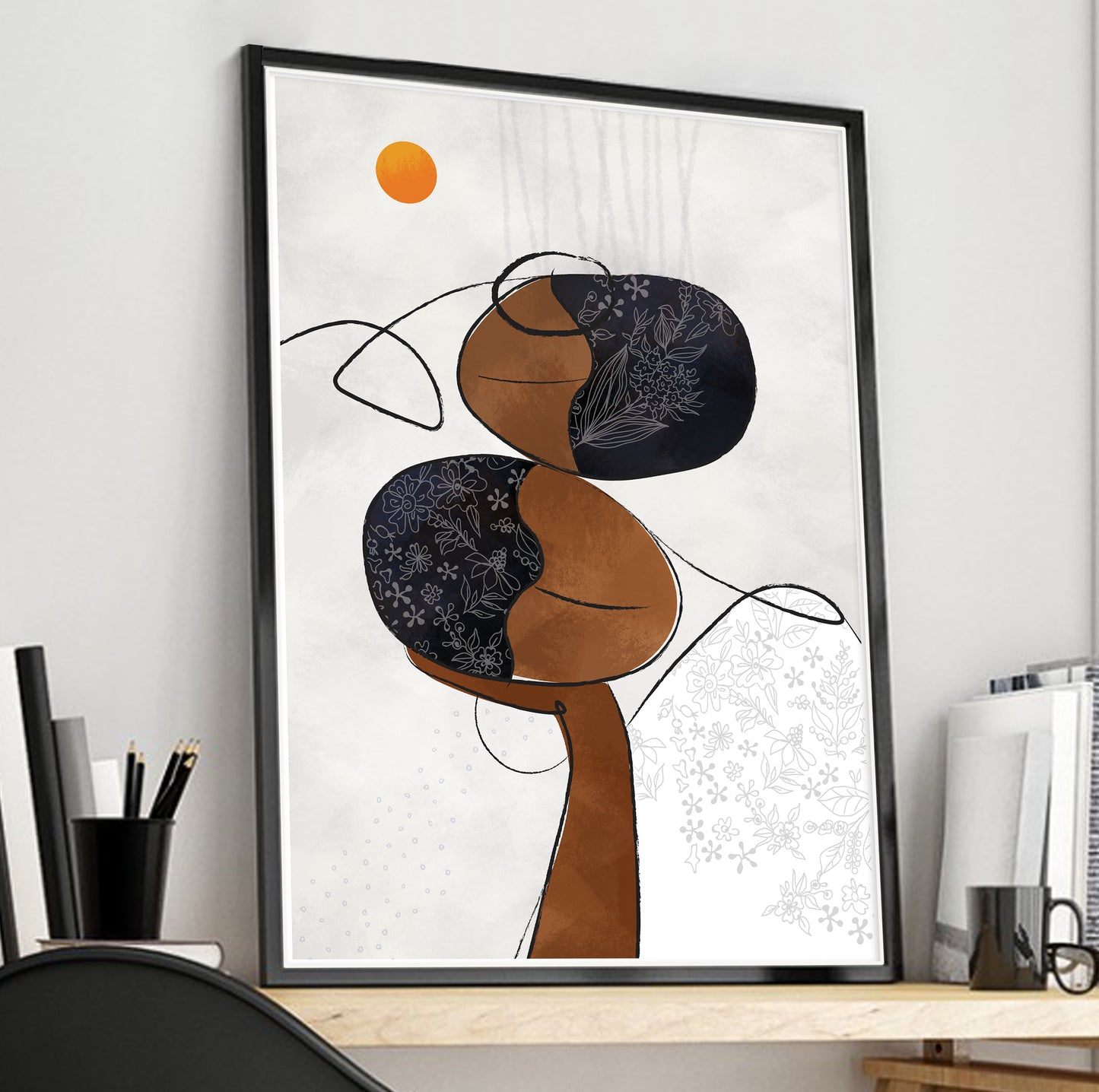 Modern neutral African American art print – contemporary black woman portrait, abstract minimalist ethnic wall decor