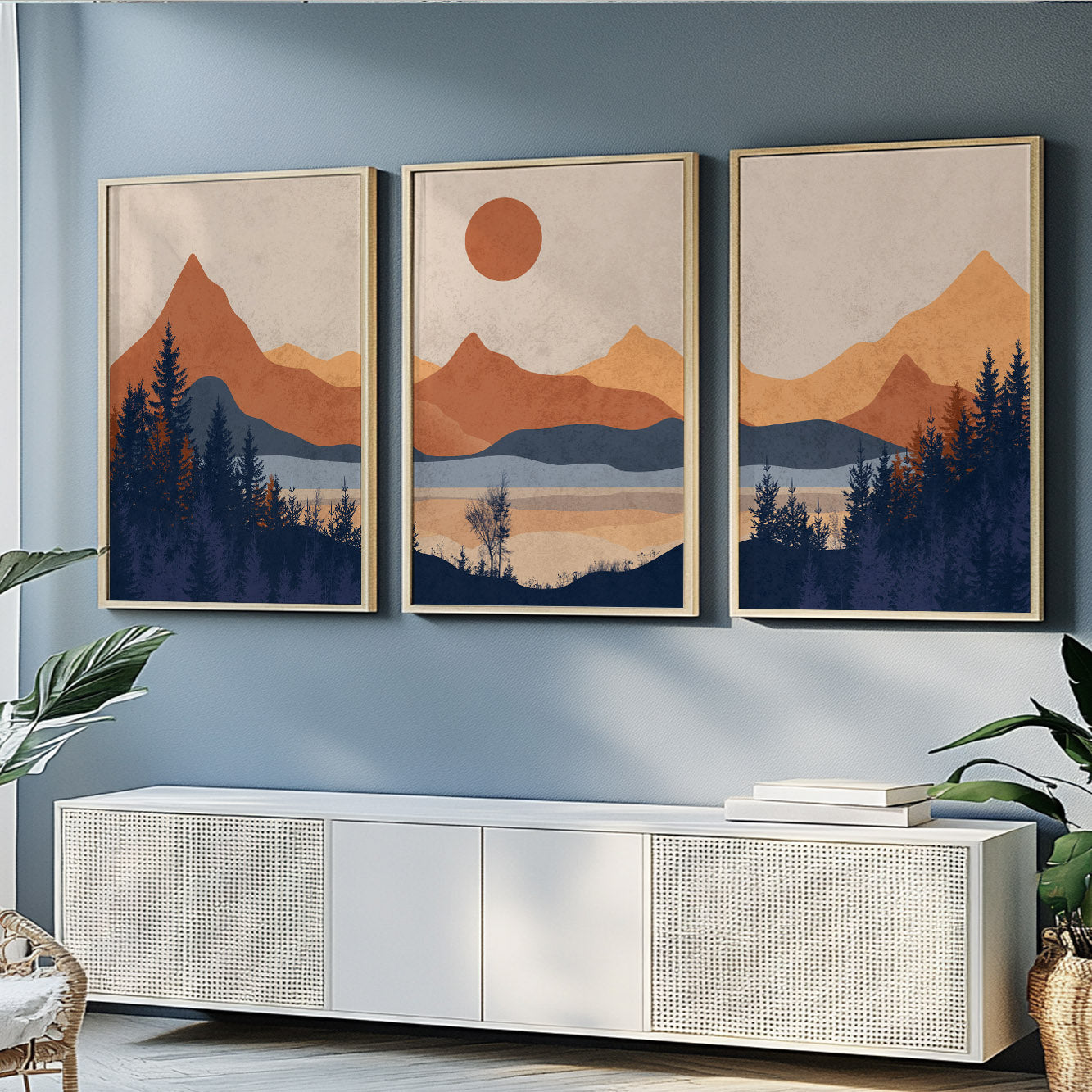 Modern Minimalist Mountain Art Set of 3 – Terracotta Blue Landscape Prints, Mid Century Wall Art