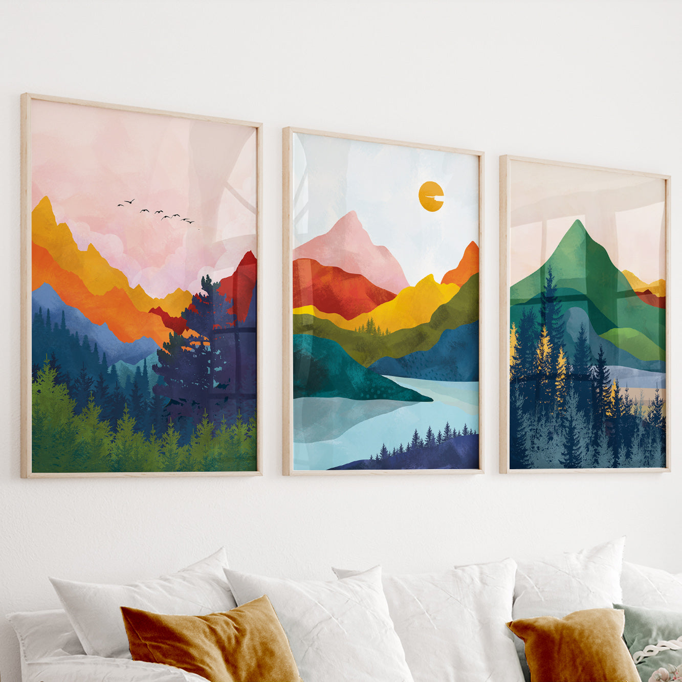 Vibrant Abstract Mountains Print Set of 3 – Scandinavian Colorful Wall Art, Modern Nordic Landscape Gallery Set