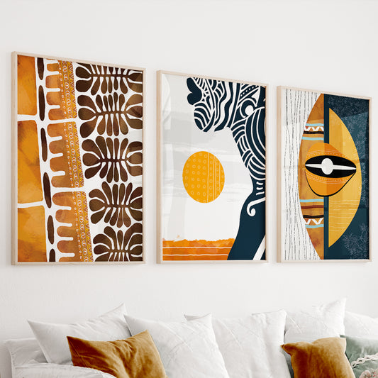 Abstract ethnic Africa wall art set of 3 prints, modern black woman portrait for home decor