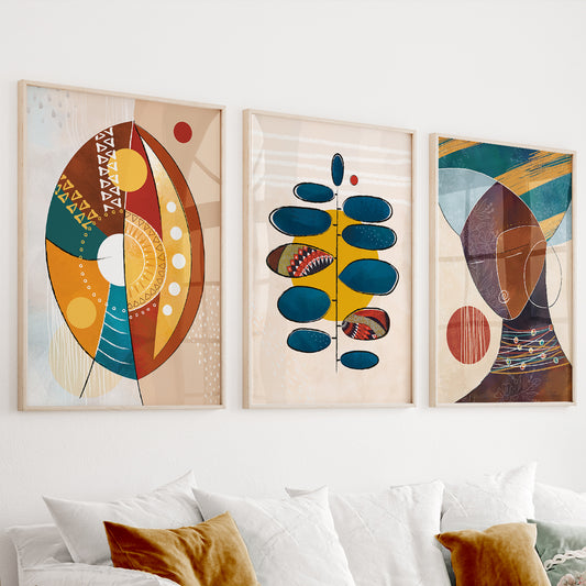 Set of 3 contemporary African American prints, abstract ethnic black woman wall art for living room