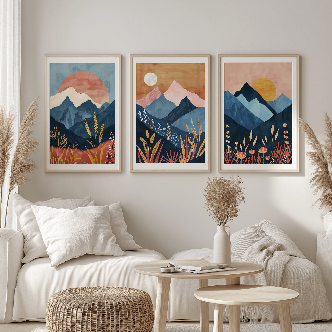 Boho Mountain Wall Art Set of 3 Prints – Vibrant Mid Century Modern Decor