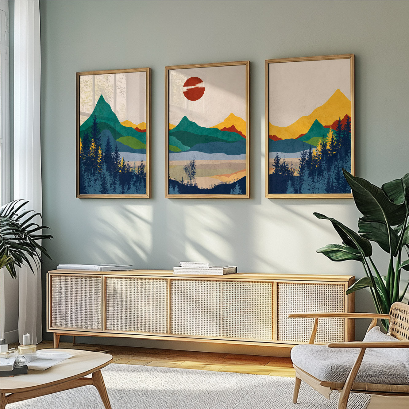 Abstract Mountain Set of 3 Prints – Colorful Boho Landscape Art, Modern Apartment Decor