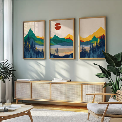 Abstract Mountain Set of 3 Prints – Colorful Boho Landscape Art, Modern Apartment Decor