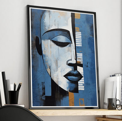 Modern navy blue grey abstract painting print – contemporary African American art, abstract woman portrait