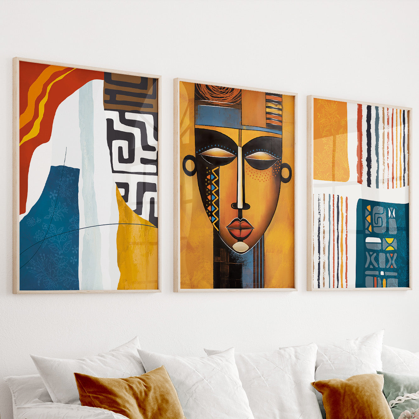 African American art gallery wall set of 3 prints, abstract modern ethnic African wall art for living room decor