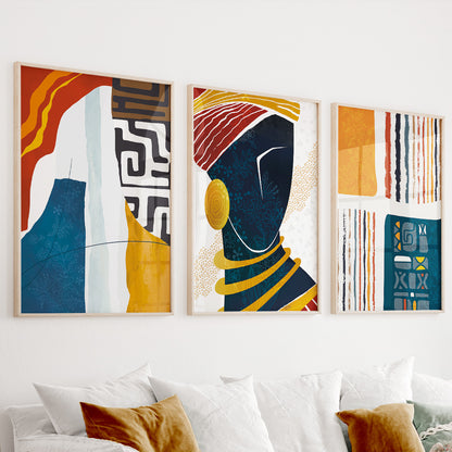 Abstract African wall art set of 3 – modern black woman portrait prints for bohemian home decor