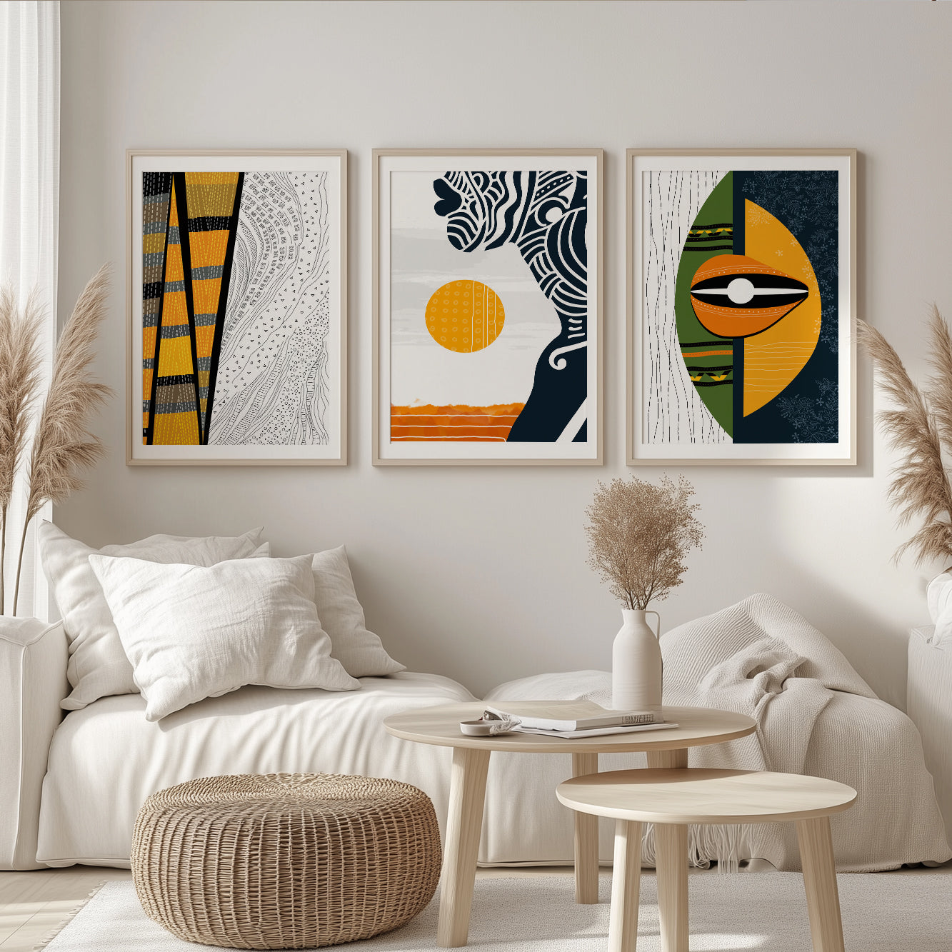 Abstract black woman portraits set of 3, vibrant African American art for living room decor