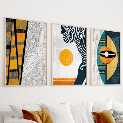 Set of 3 modern abstract African American prints, black woman portraits for unique room and home decor