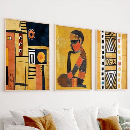 Mustard African art set of 3 prints, modern ethnic gallery wall set, colorful vibrant abstract living room artwork