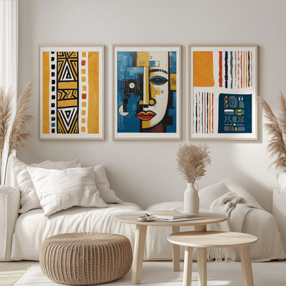 Navy Blue & Yellow African Art Set of 3 – Abstract & Ethnic