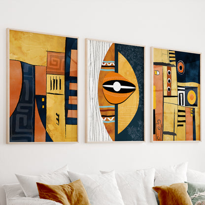 Set of 3 modern African American art prints, abstract ethnic wall art for colorful above bed decor