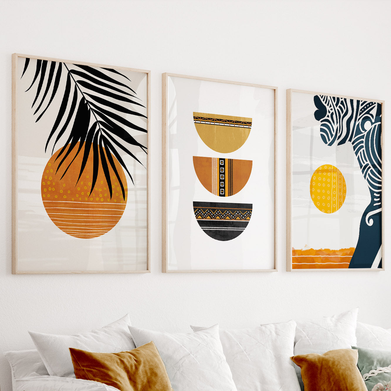 Set of 3 abstract ethnic African American prints, boho black woman portraits in warm terracotta