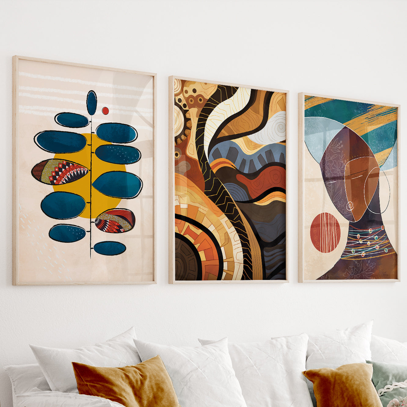 Modern African American art set of 3 prints, abstract ethnic black woman gallery wall set