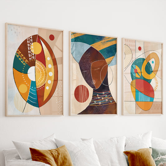 Modern colorful African American art set of 3, abstract black women portrait gallery wall decor