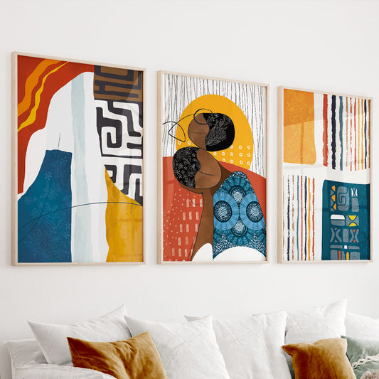 Modern African American art set of 3 prints, abstract ethnic minimalist wall decor for large spaces