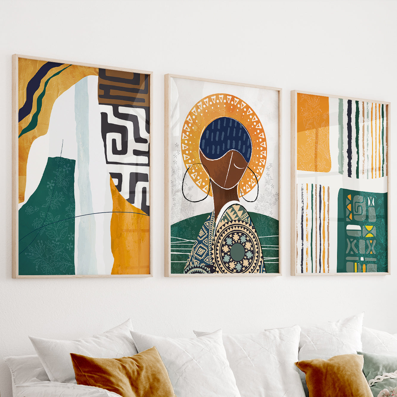 Modern abstract African American art set of 3 prints, black woman portrait for gallery wall decor