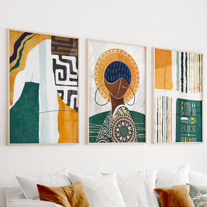 Modern abstract African American art set of 3 prints, black woman portrait for gallery wall decor