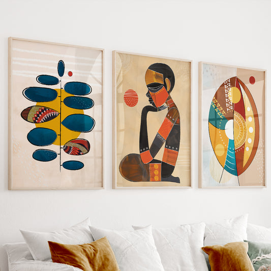 Modern abstract African wall art set of 3 prints – ethnic gallery wall set, contemporary minimalist above bed African art, aesthetic room decor