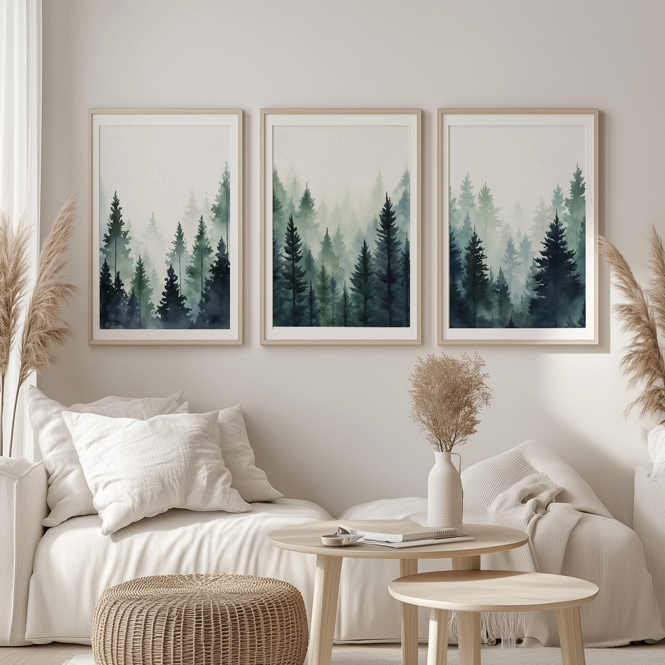 Set of 3 Mountain Prints – Foggy Pine Tree Landscape, Nature Extra Large Wall Art