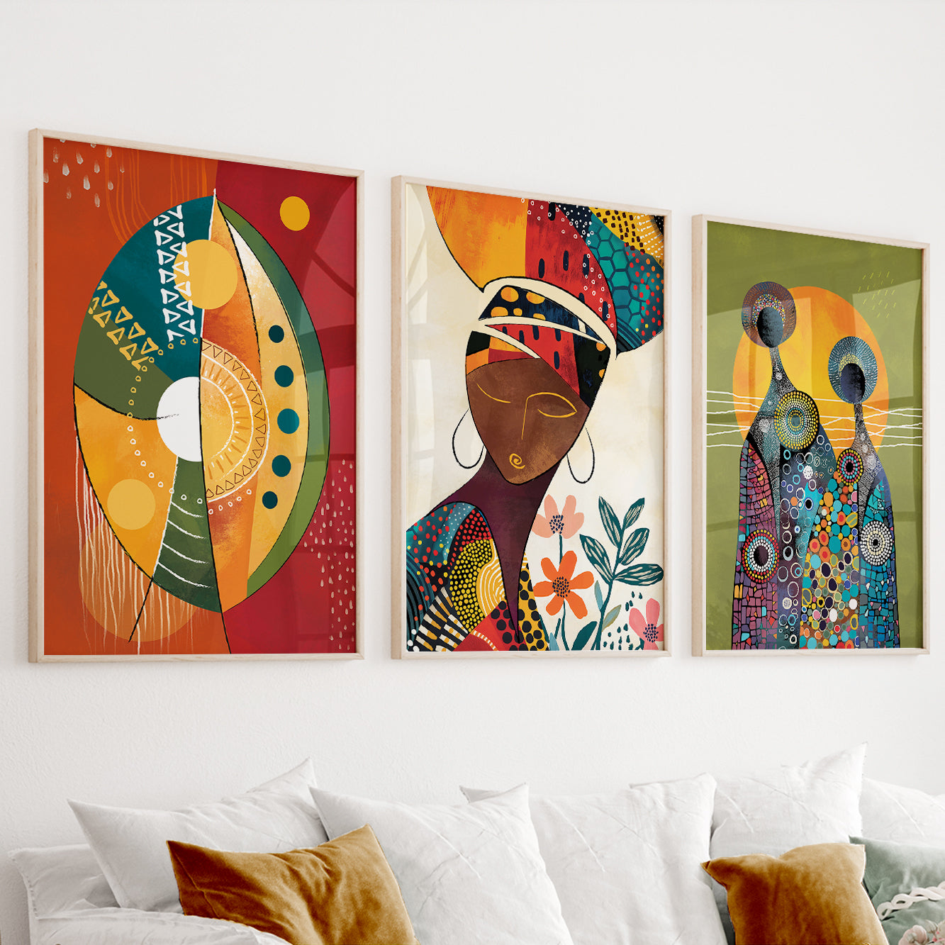 African abstract art set of 3 prints, minimalist black woman portrait for modern gallery wall