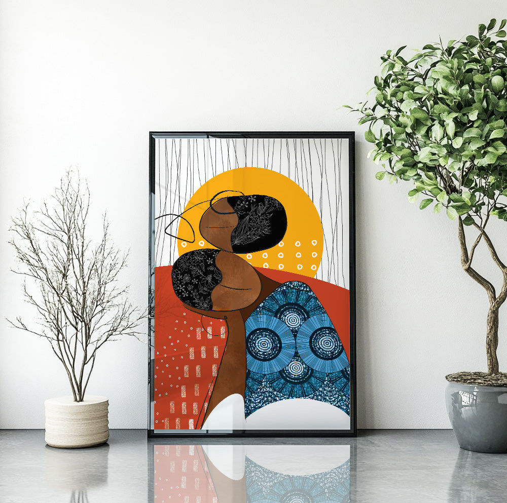 Abstract black woman portrait with tribal elements, bright colorful art for bedroom decor