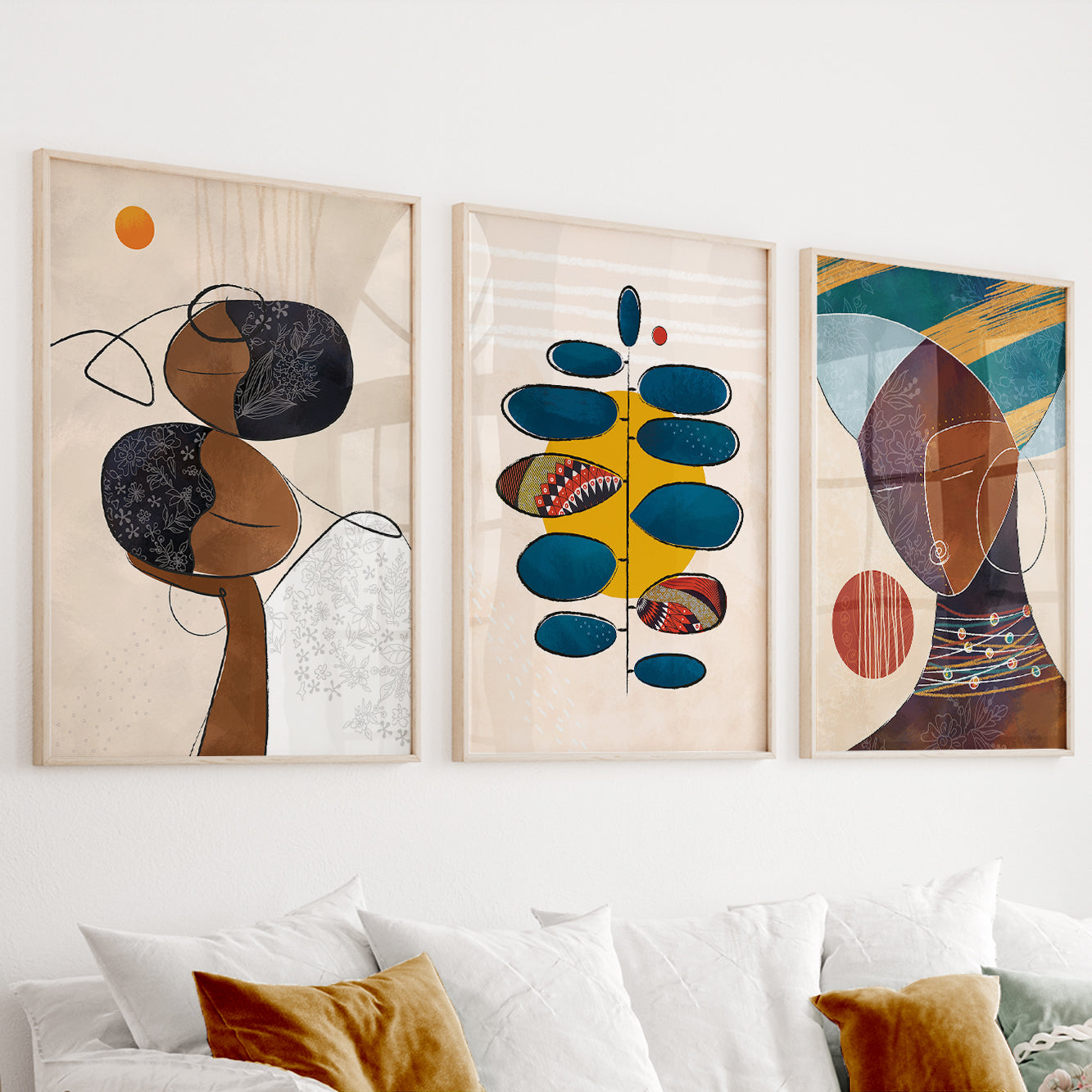 Colorful African American art set of 3 prints – abstract ethnic black couple gallery wall set, contemporary minimalist bedroom decor