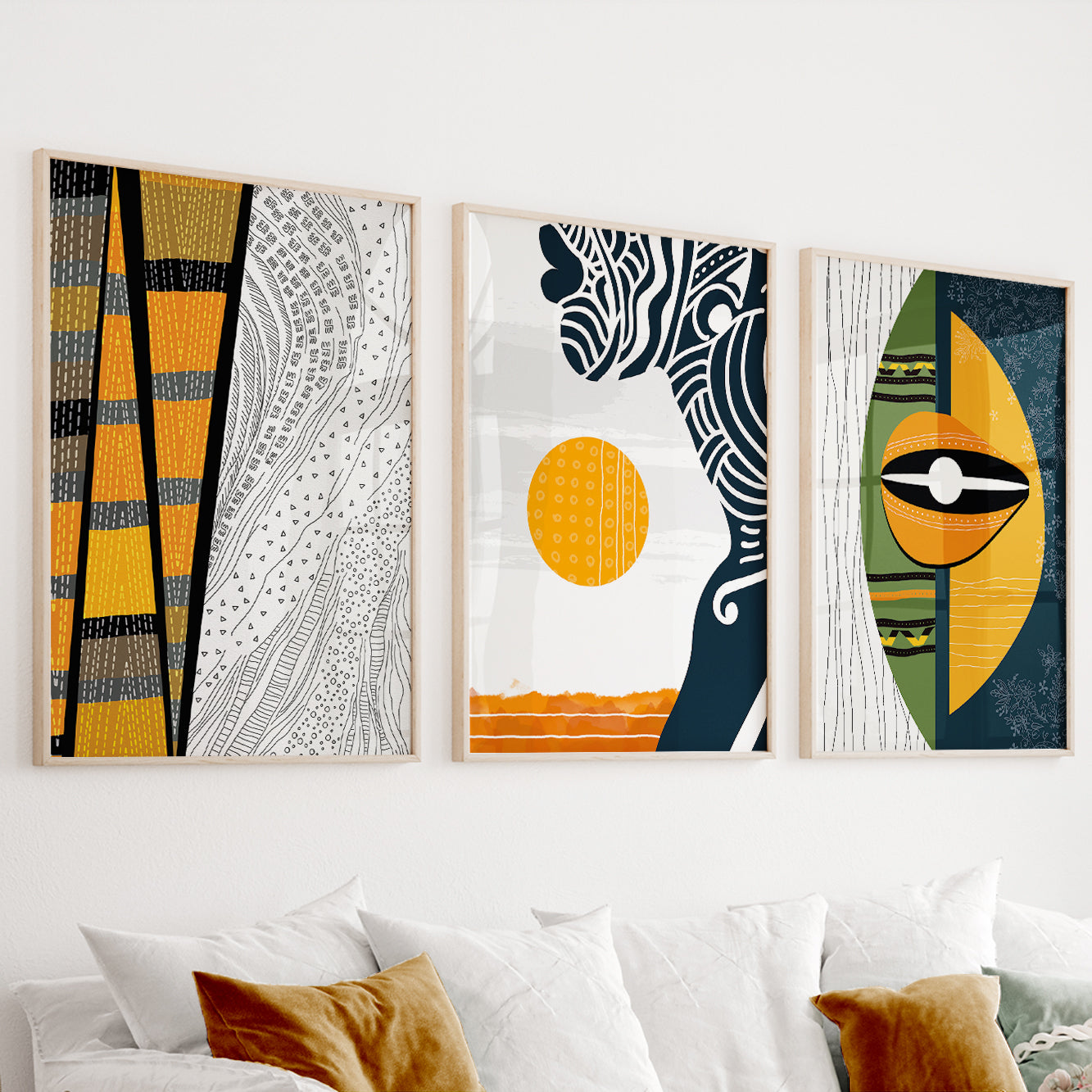 African American art set of 3 prints, abstract modern ethnic gallery wall decor with colorful minimalist designs