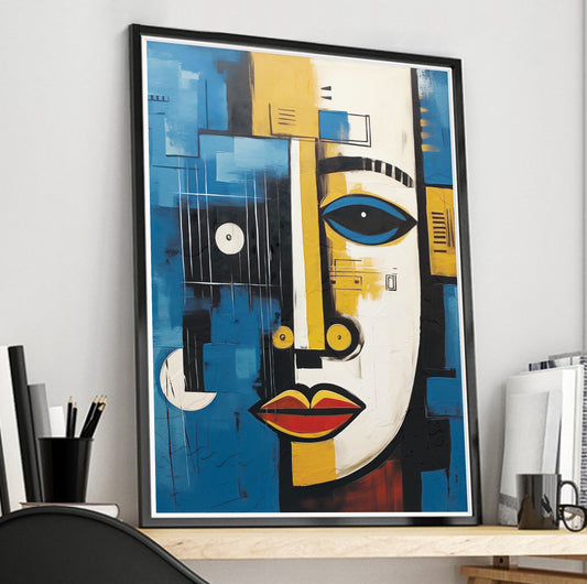 Modern navy blue and yellow African wall art – abstract painting print for minimalist living room decor