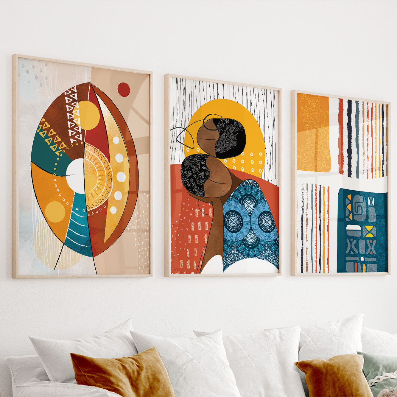 African American art gallery wall set of 3 prints, abstract black woman art, modern colorful minimalist above bed decor