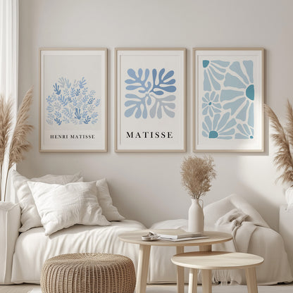 Blue Matisse set of 3 prints. Neutral minimalist mid century gallery wall set, vintage trendy Henri Matisse print, livingroom posters