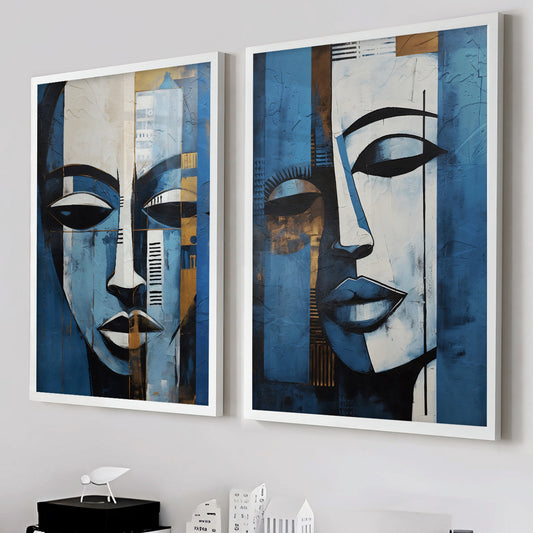 Set of 2 abstract female portraits in dark blue tones, modern minimalist wall art