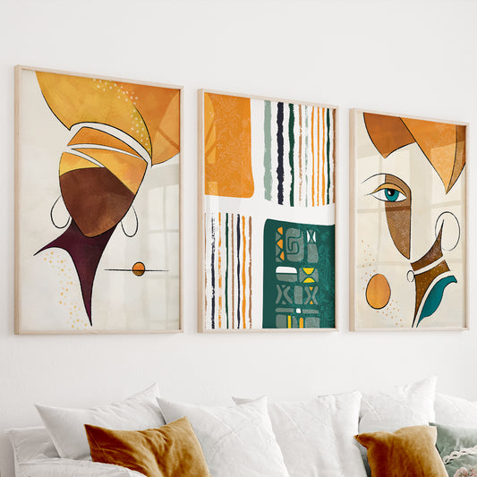 Abstract African art gallery wall set of 3 prints, colorful ethnic women extra large posters for modern room decor