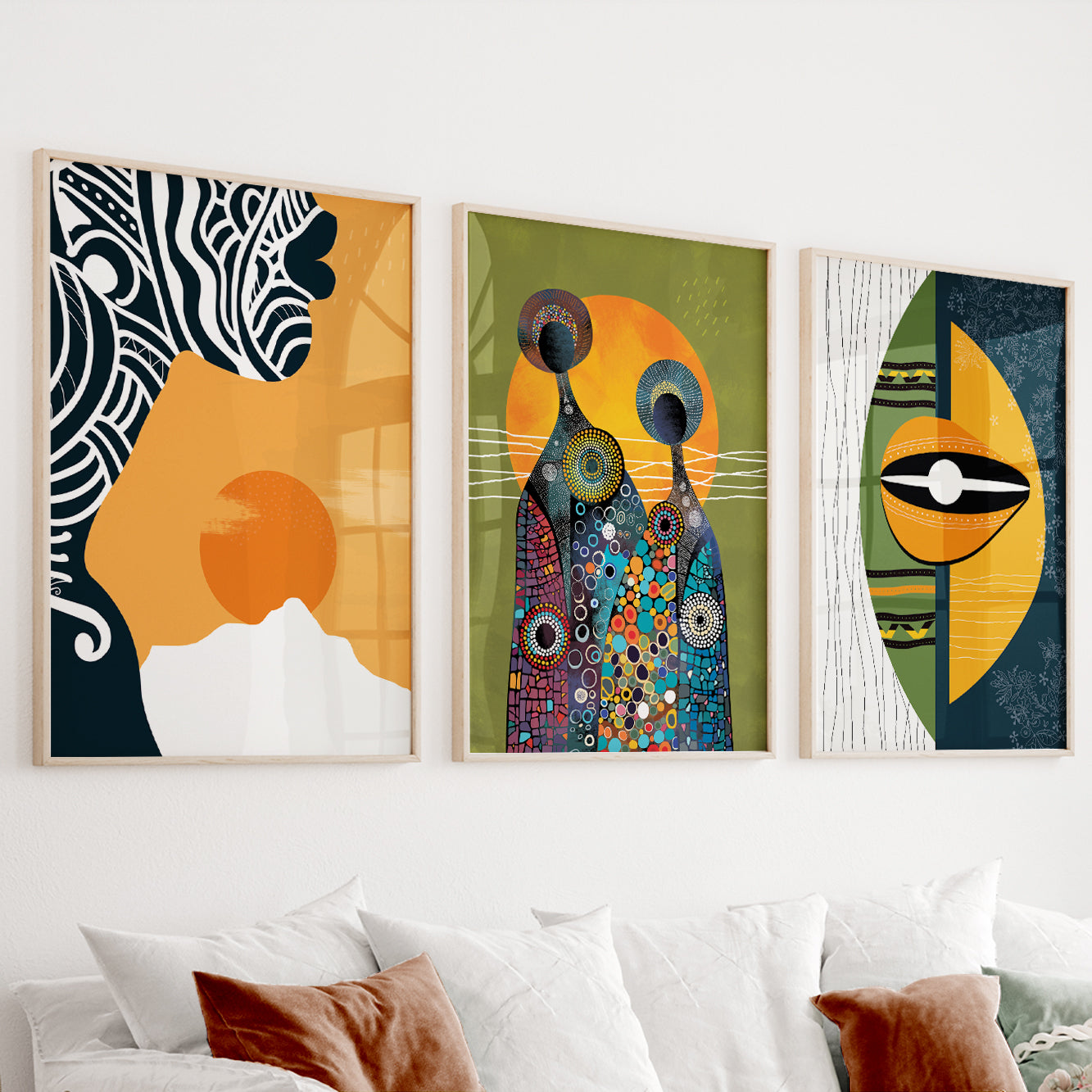 Set of 3 bright contemporary African art prints, abstract figures and black woman portrait