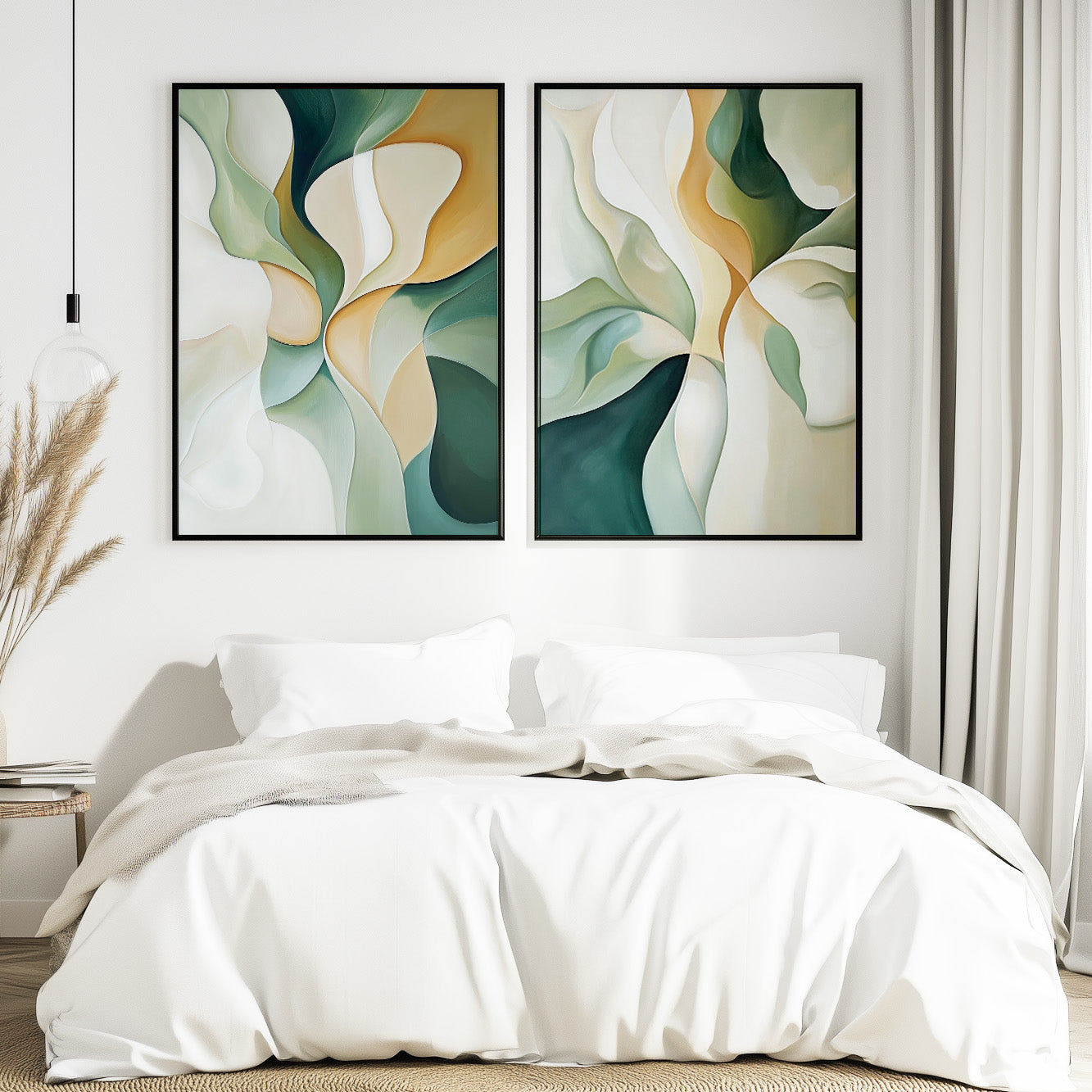 Emerald Green Beige Set of 2 – Modern Brush Stroke Abstract Art