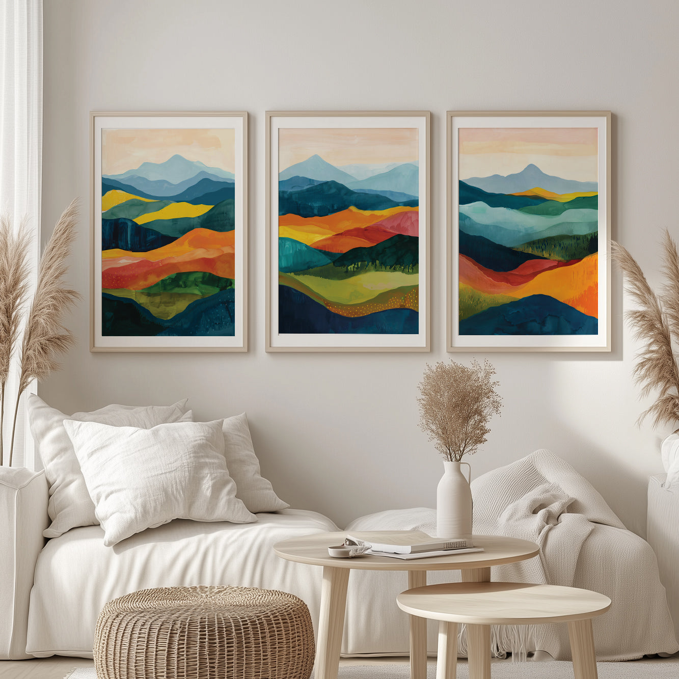 Set of 3 Abstract Mountain Prints – Vibrant Geometric Landscape Wall Art