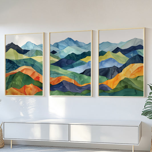 Colorful Mountains Wall Art Set of 3 – Mid Century Modern Abstract Painting for Large Wall Decor