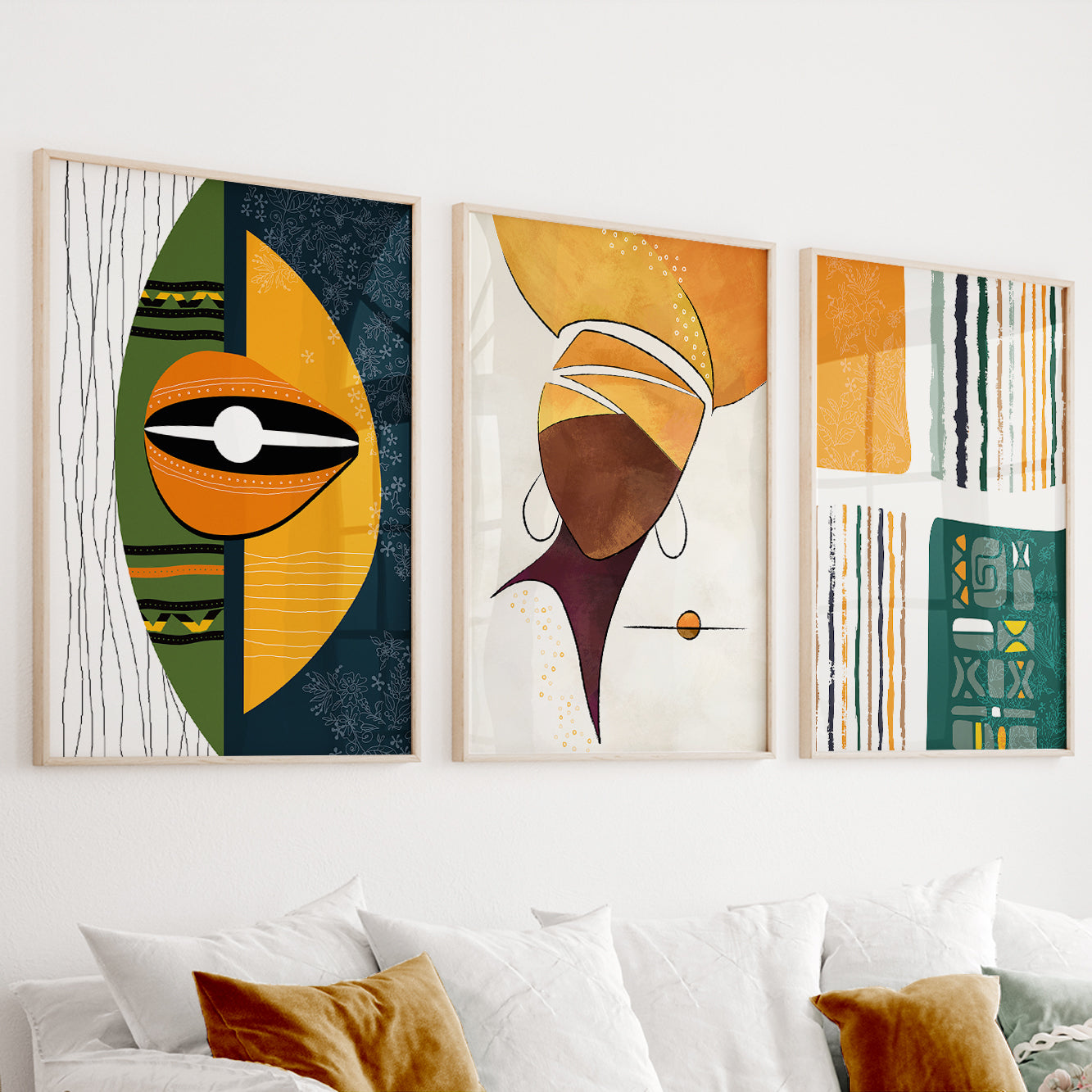 Abstract African American art gallery wall set of 3 prints, colorful ethnic extra large posters for modern room decor