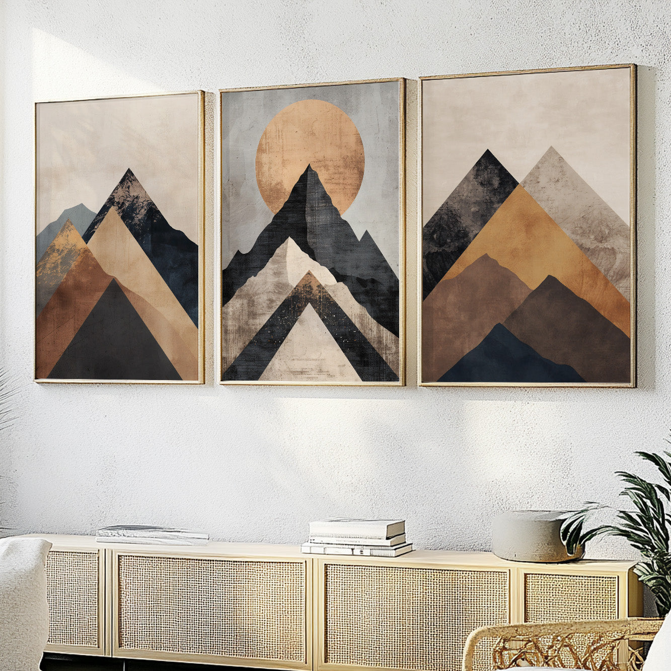 Mid Century Modern Terracotta Mountain Wall Art – Set of 3 Neutral Abstract Prints