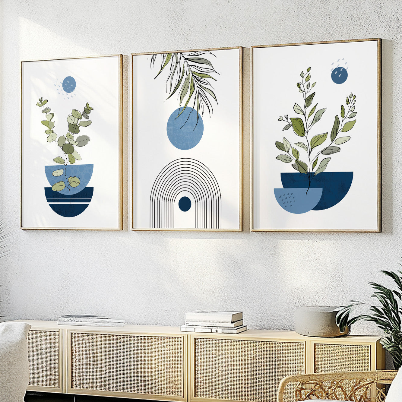 Navy blue boho print set of 3 piece, above bed gallery wall art