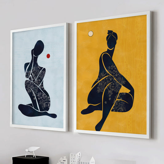 Modern African American art set of 2 – minimalist black female prints for contemporary room decor