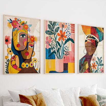 Colorful boho African wall art set of 3 prints, modern ethnic nature posters for bedroom decor