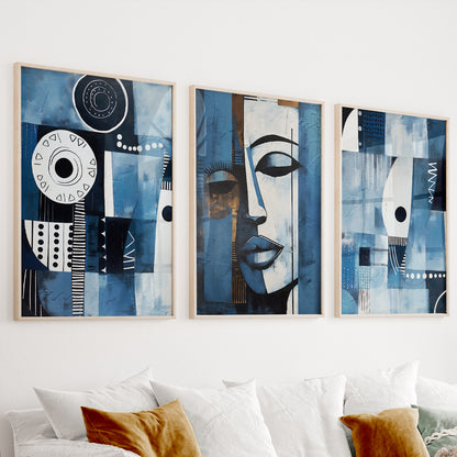 Navy blue African American art set of 3 prints – abstract Africa wall art for ethnic gallery wall