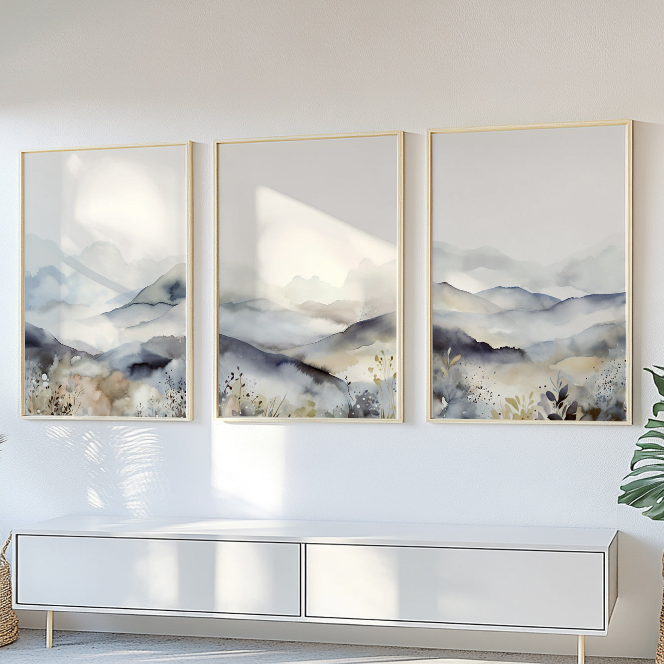 Neutral Abstract Mountain Set of 3 – Mid-Century Minimalist Art