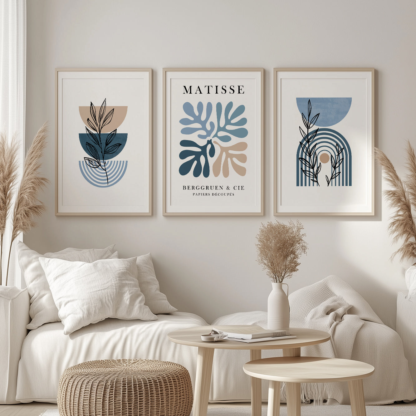 Set of 3 Matisse wall art. Mid century modern neutral above bed art. Trendy botanical print, large gallery wall set for living room, bedroom