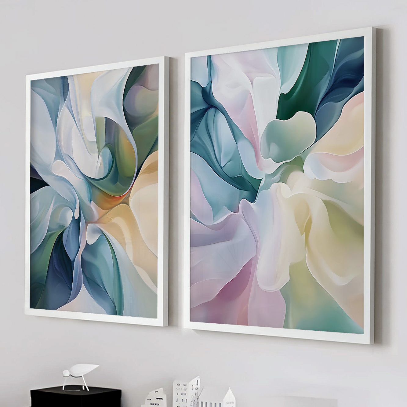 Pink Blue Abstract Wall Art Set of 2 – Pastel Brush Stroke Japandi Minimalist Prints