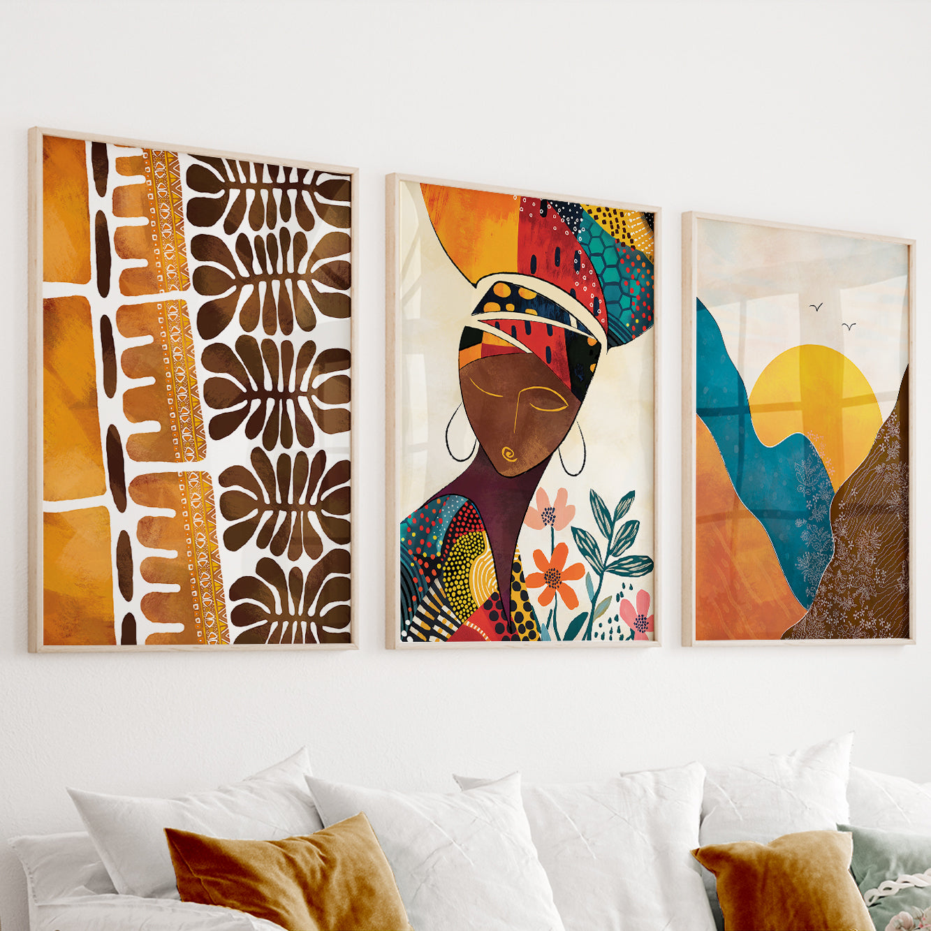 Modern African American art set of 3 – abstract black women portrait gallery wall set, contemporary minimalist colorful above bed decor